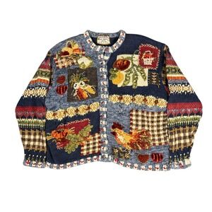 Vintage Heirloom Collectibles Women L Patchwork Cardigan Blue Knit Sweater